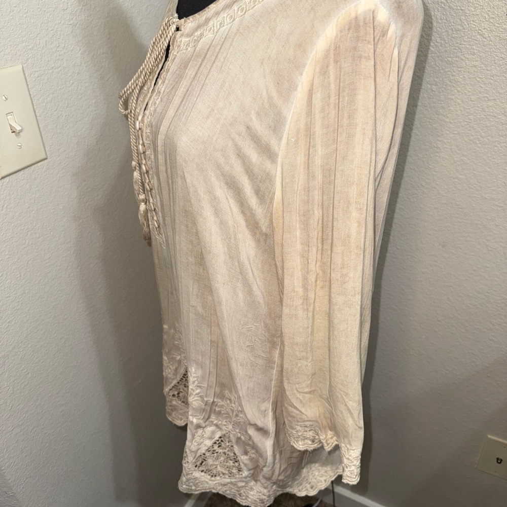 Andree Blue Cream Boho Tie Front Women's Top- Size Large‎ - Picture 5 of 10